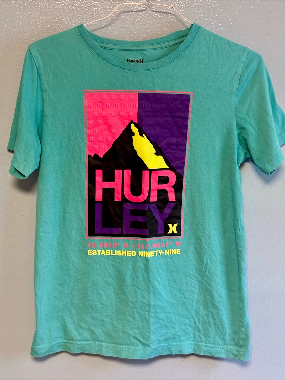 Hurley Teal Short Sleeve Tee with Neon Mountain Graphic